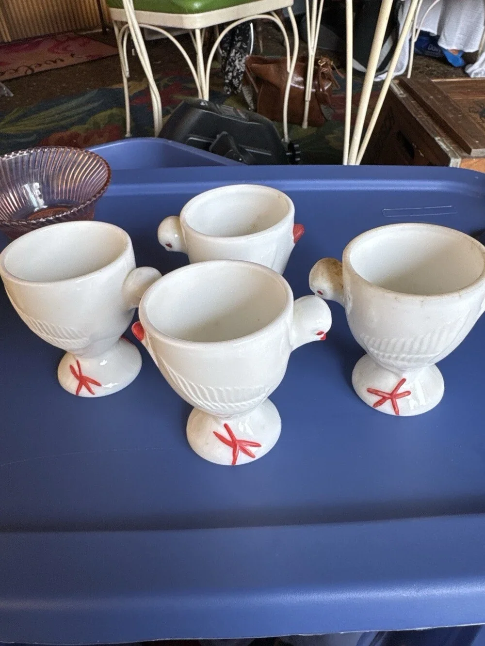 Westmoreland Set 4 Milk Glass Chicken Egg Cups Red Feet Vintage Easter